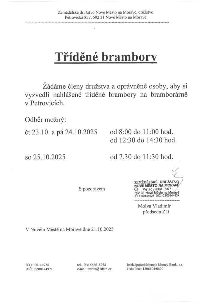 Oznámení ZD Nové Město n.M.