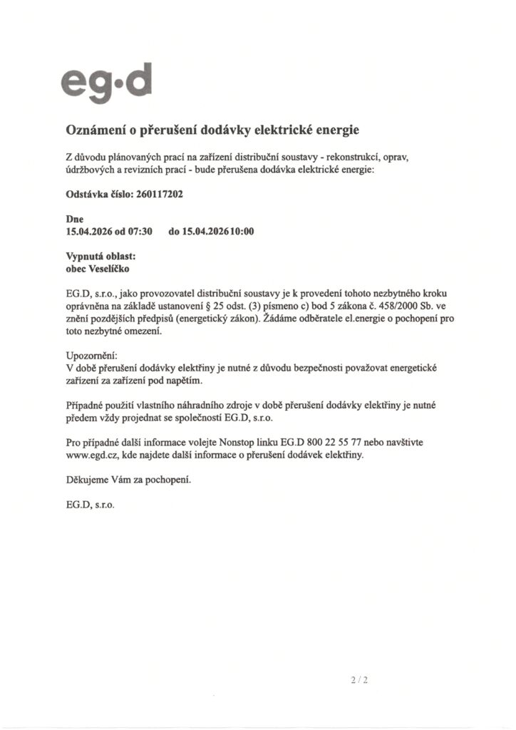 Přerušení dodávky el.energie 15.4.2026