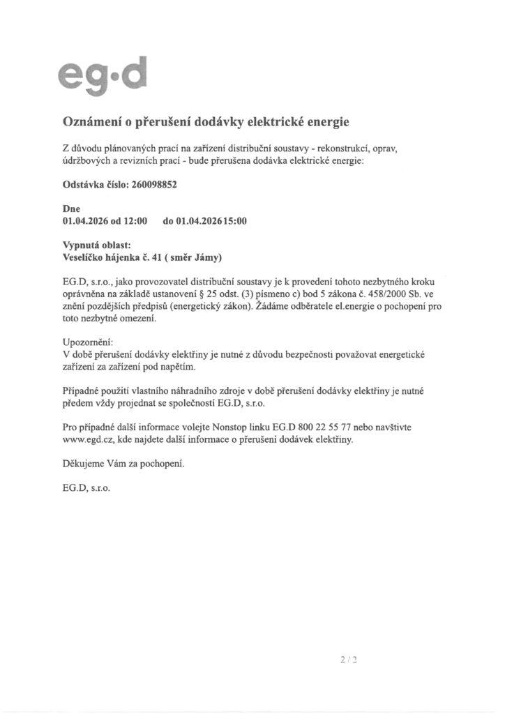 Přerušení dodávky el.energie 1.4.2026